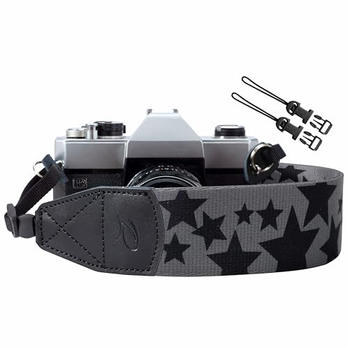Padwa Lifestyle Pentagram Camera Strap - 2 Wide Genuine Leather Ends Camera Straps for Photographers, Vintage Five-Pointed Stars Print Nylon Weave Strap with Camera Quick Release fits All Cameras