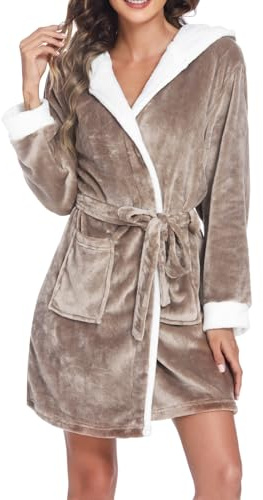 MKLQLS Peignoir Court en Flanelle pour Femme - Peignoir de Luxe Uni Automne-Hiver À Capuche - Vêtement de Nuit Chaud et Confortable - Robe de Chambre Ultra Douce Marron Xl