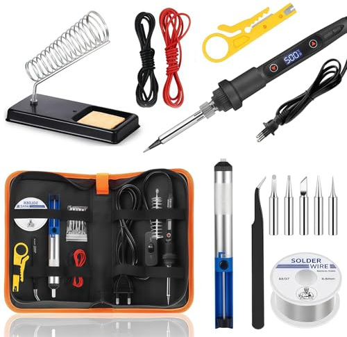 Saldatore a Stagno Kit 80W LCD Temperatura Regolabile 180-500°C Stagnatore Elettrico 15 in1 Interruttore ON/OFF,5 Punte,Pompa di Dissaldatura, Adatto Elettroniche e Hobby