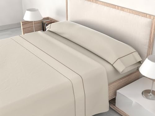 HM'S HOME'SECRET ROOMERS Juego de Sábanas Lisas 3 Piezas 144 Hilos, 50% Algodón / 50% Poliéster, con Vivo y Cenefa, Sábana Bajera Ajustable, para Colchón hasta 200 cm (Beige, Cama 105cm)