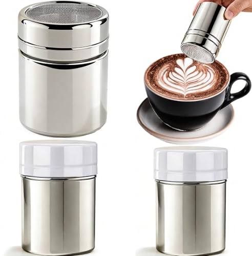 3pcs Flour Sugar Salt Shaker, Icing Sugar Shaker Stainless Steel with Cover, Powdered Sugar Shaker with Fine Mesh Lid for Cocoa,Icing Sugar, Spices for Kitchen