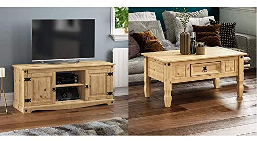 Amazon Brand - Movian Corona TV Cabinet, 2 Door 1 Shelf, Solid Pine Wood, 51 x 120 x 40 cm & Brand - Movian Corona Coffee Table With Drawer, Distressed Waxed Pine, Solid Wood