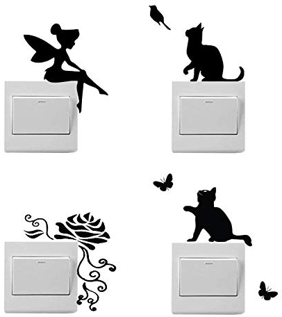 4 Cartoon-Lichtschalter-Aufkleber, Feen-Aufkleber, Blumenaufkleber, Lichtschalter-Katzenaufkleber, Schlafzimmer-Wandbilder