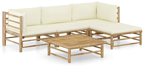 vidaXL Set de Muebles de Jardín 5 Piezas Mobiliario Hogar Terraza Exterior Cocina Mesa Silla Asiento Suave con Respaldo Bambú y Cojines Blanco Crema