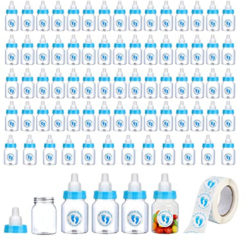 72 Pieces of Mini Baby Shower Milk Bottles Favors for Baby Shower White Plastic Mini Bottles Party Favors Boy Party Games Decorations (Blue)