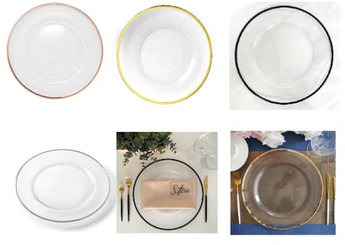 H Homedelight1234 Delight Design Glass Charger Plate Black/Gold, Silver & Rose Gold Rim Decorative Wedding Dinner Plate mats (Silver, Pack of 6)