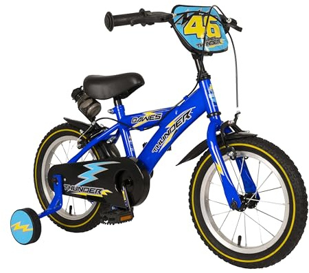 Dawes Thunder 14 Kids Bike | Junior Style kids boys Bicycle | single Speed, Adjustable Height, stabilisers, number plate, water bottle and cage | Blue | Ages 3+