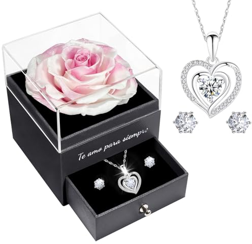 Miofula Rosa Eterna Regalos Originales para Mujer, Flores Preservadas Caja de Regalo con Collar y Aretes, Regalo Aniversario Mujer, Regalos Navidad Mujer Regalo Novia Mama para San Valentin Cumpleaños