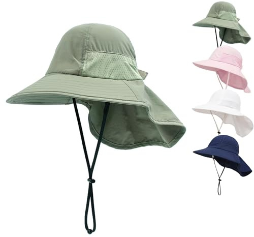 YANWANG Sombrero de Sol de Verano para bebés, protección UPF 50+ Ajustable Sombreros de Playa de ala Ancha para niños, niñas y niños (L:6-12 años,Verde Militar)