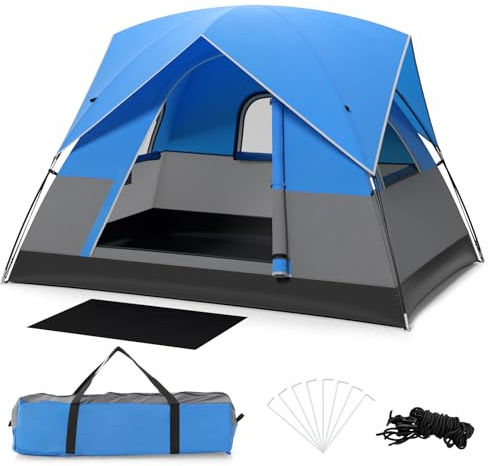 HOMASIS Campingzelt für 2-3 Personen, wasserdichtes Kuppelzelt mit 3 Fenstern & Regendach, Outdoorzelt mit 4 Windseilen & 8 Erdnägeln, ultraleichtes Zelt für Trekking Camping Hiking, Blau & Schwarz