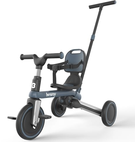 besrey Kleinkinder-Dreirad mit elterngesteuertem Schiebegriff für 1–3 Jahre alte Mädchen und Jungen, Kleinkinderfahrrad mit abnehmbaren Pedalen, faltbares Kinder-Schiebedreirad, Grau