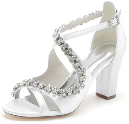 smlekwc Donna Punta Aperta Raso Sandali da Sposa Incrociato Cinturino alla Caviglia Vestito Décolleté con Strass Ballo per Feste Tacco Grosso Alto Scarpe per La Sposa,Bianca,39 EU