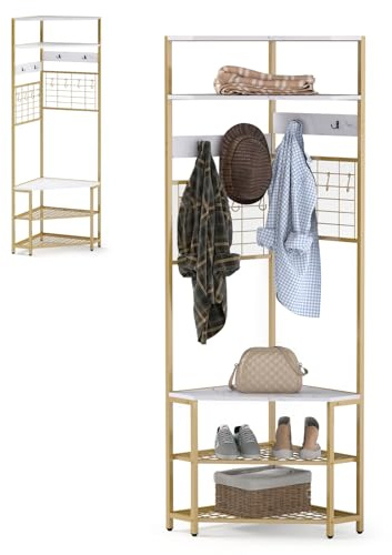 HOMASIS Stand Appendiabiti ad Angolo, Appendiabiti da Terra con 12 Ganci e 2 Ripiani per Scarpe e 3 Mensole, Guardaroba in Metallo per Corridoio, Soggiorno, Camera da Letto, 82x82x183 cm (Oro)