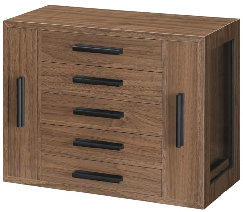 HOOBRO Caja para Guardar Joyas con 5 Niveles, Joyero de Madera con Ventanilla Transparente y 2 Cajones Verticales, Cofre para Joyas, Pendientes, Collares, Anillos, Relojes, Nogal y Negro EBH19JB04