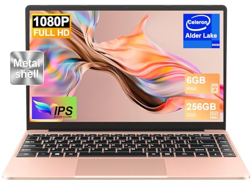 2025 Laptop 14 Zoll Win11 Pro Notebook 6+256GB SSD Unterstützung 1TB 1920x1080P Full Metal Celeron N4020 5G WiFi Mini HDMI & Kabellose Maus Tastaturfolie für Tastatur-Gold