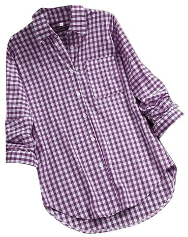 Women's Checked Blouse, Gingham Shirts for Women UK Plaid Shirt Long-Sleeved Blouse Button Up Shirts Ladies Linen Tops Loose Fit with Pocket Purple 4XL
