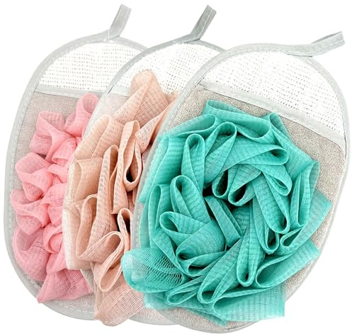 3PCS Mesh Bath Sponge Gloves with Flower Pouf Balls – Exfoliating Shower Brushes for Gentle Body Scrub & Deep Cleansing
