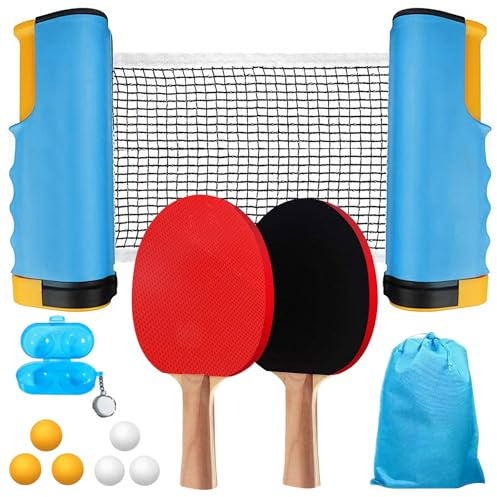 Tischtennisschläger Set,Einziehbares Netz,2 Tischtennisschläger 6 Bälle 1 ausziehbares Netz Tragbares Tischtennis für Tischtennisplatte für Indoor Outdoor