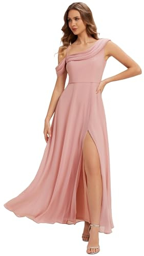 Ever-Pretty Abiti da Damigella Collo Asimmetrico Maniche Corte Chiffon Maxi Gonna Svasata Dusty Rose 42
