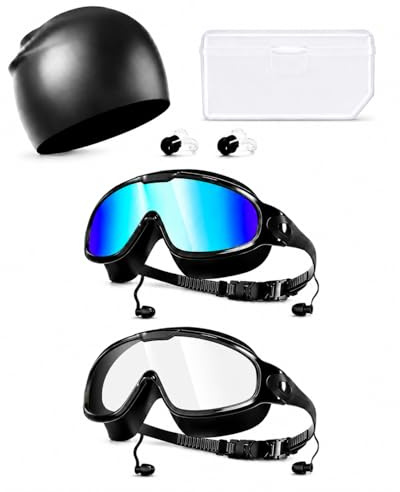 TorsuupTittan Swimming Goggles for Adults 2 Pack with Swim Cap, Anti Fog UV Protection, 180° Wide View Panoramic Lens, Leakproof Comfort Fit Adult Swim Goggles for Men Women with Ear Plugs & Case