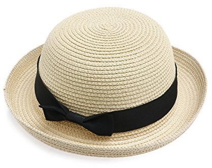 BinaryABC Summer Straw Sun Hat for Women & Kids (Fits Head Circumference 57cm) | Lightweight Bowler Beach Cap for Small Heads,Adjustable & Breathable – Beige