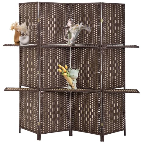FDW Room Divider 4 Panel Room Screen Divider Wooden Screen Folding Portable Partition Screens Wood with Removable Storage Shelves Color,Brown