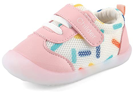MASOCIO Unisexbabyskor, mjuka, platta lära-gå-skor med halkfri gummisula för pojkar och flickor, ROSA, 18 EU