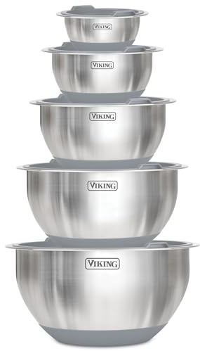 Viking Mixing Bowls Set, 10 Piece Stainless Steel Kitchen Cookware, Non-Slip Silicone Base, Includes Tight Fit Lids, Dishwasher Safe, Grey