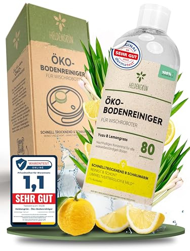 Heldengrün® Öko Bodenreiniger für Wischroboter [YUZU & LEMONGRASS] Dermatologisch getestet - Wischroboter Reinigungsmittel - Streifenfrei, schnelltrocknend & schaumarm - Reiniger Wischroboter
