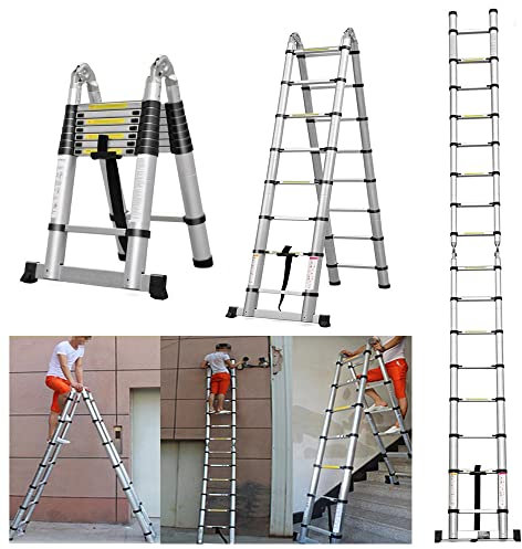 Telescopic Ladder 12.5FT/6.25FT+6.25FT A-frame Aluminium Ladder 12 Steps Extend Ladder Portable Folding Multi-Purpose for Home Loft Office Roof Work DIY Builder Indoor Outdoor
