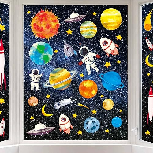Whaline 6 Sheet Outer Space Window Clings Space Astronaut Spacecraft Rockets Solar System Window Stickers Out of Window Decals for Bedroom Nursery Living Room Decor