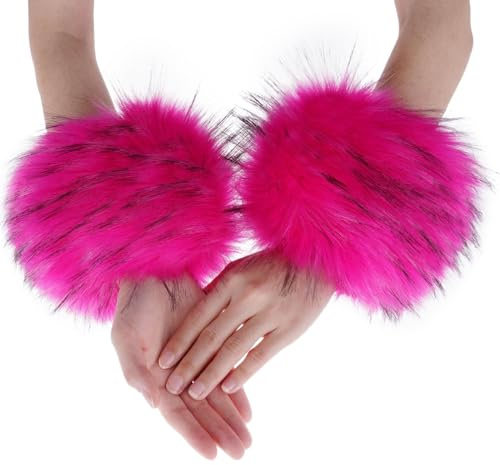 Tongcloud Women's Faux Fur Wrist Cuffs Wrist Warmers Faux Fur Arm Cuffs Winter Warm Warmers for Women Party Costumes Gifts (Rose red)