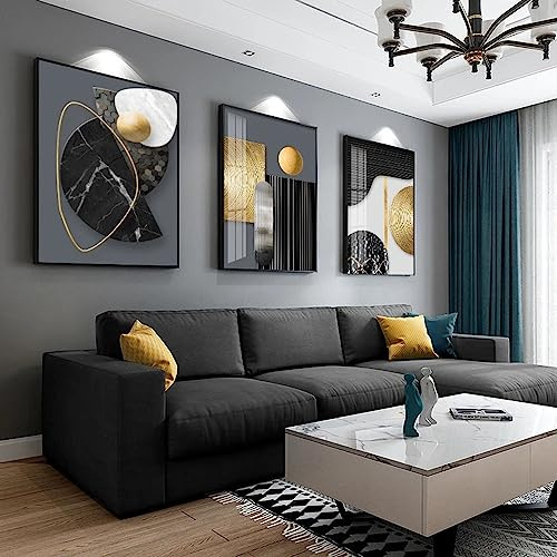 FSLEOVN Quadro da Parete per Soggiorno Moderno, 3 Pezzi, Nero, Bianco e Oro, Geometrico, su Tela, Astratto, Marmo, Decorazione per la Casa, Senza Cornice (50 x 70 cm)