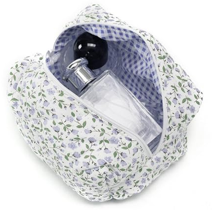 Kryzalite Gesteppte Kosmetiktasche mit Blumenmuster und großem Fassungsvermögen aus weichem Baumwollmaterial für Make-up-Pinsel und Beauty-Utensilien (lila)