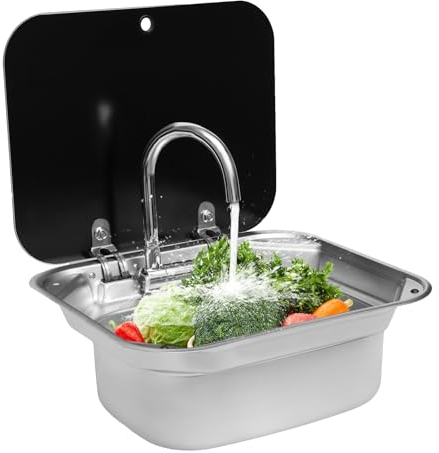 RV Waschbecken, Camping Spülbecken mit Deckel Wasserhahn 3 Rohre für Wohnmobil kleine Küchen Hotels Cafés Anwendbare Temperaturen 0-100℃