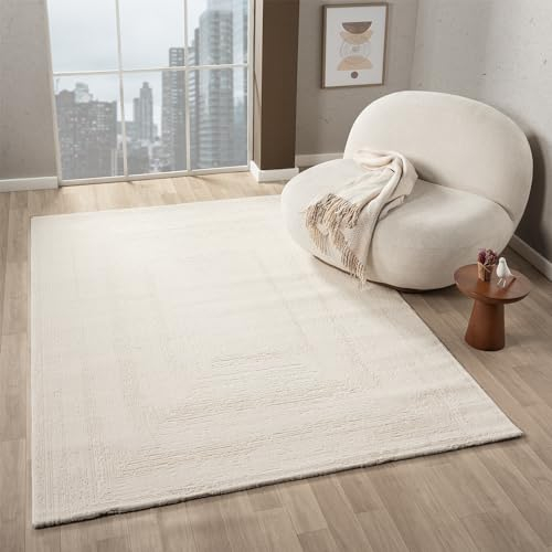 VIMODA Teppich Wohnzimmer Schlafzimmer Modern Hoch&Tief Bordüre Qualitativ 3D Effekt, Farbe:Creme, Maße:160x230 cm