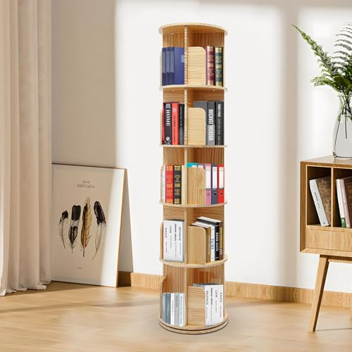 OMGGYER Drehbares Bücherregal 5 Ebenen Freistehend Drehregal 360° Rotating Bookshelf, Multifunktionales Bücherregal Massivholz bodenstehendes Lagerregal für Kinder und Erwachsene, 45 * 160cm