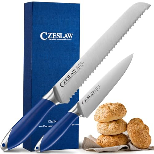 Czeslaw Coltello da Pane 2 Pezzi, Tagliapane e coltello da sandwich, Forgiato in Acciaio Tedesco ad Alto Tenore di Carbonio, Affilatissimo Coltello da Pane Seghettato di Grado Professionale