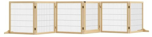PawHut Wooden Dog Gate, 170 Freestanding Pet Gate, 6-Panel Foldable Dog Safety Barrier with 2 Support Feet for House Doorway Stairs, Small and Medium Dogs, Natural Wood
