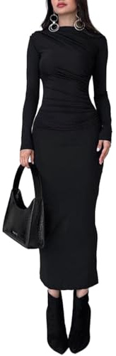 EMOTTOS Sexy Maxi Ruched Dress, Elegante Cuello Burlón Vestido con Abertura en la Espalda, Suave Maxi Swing Hem Vestidos lápiz para Fiesta de cóctel (Negro/Gris, S-L)