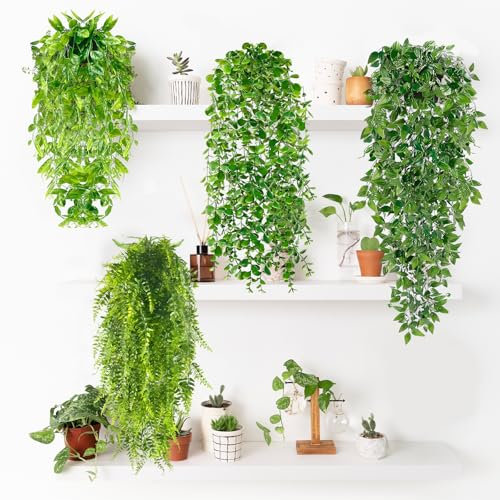 MZJAUVF 4Stück Hängepflanze Künstlich, Kunstpflanze Hängend mit Töpfen, Künstliche Hängepflanzen, Dauerhaft Künstliche Pflanzen, Kunstpflanzen Hängend, Plastikpflanzen für Indoor Outdoor Garten Deko