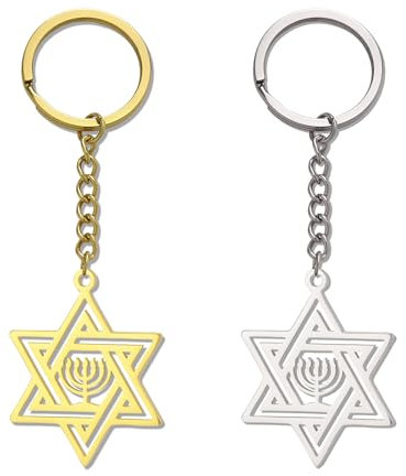 VASSAGO Davidstern Schlüsselanhänger für Frauen Männer Jüdischer Stern Menorah Schlüsselanhänger Edelstahl Chanukka Schlüsselanhänger Religiöser Schmuck (Gold silber)