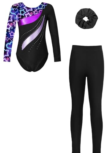 ranrann Justaucorps Gymnastique Fille Legging et Bandeau Tenue Gymnastique Ballet Danse Patinage pour Enfant Ciel étoilé Noir 9-10 ans