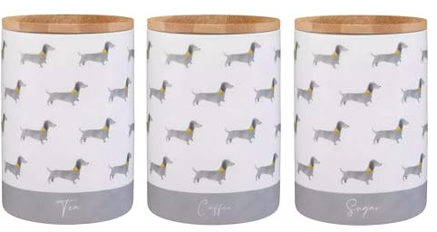 Dylex Dachshund Pattern Tea, Coffee, and Sugar Canisters with Bamboo Lids, Set of 3