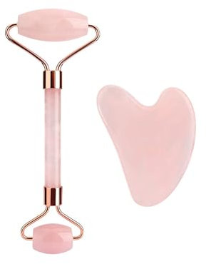 Rose Quartz Roller and Gua Sha Set Pink Jade Face Roller and Gua Sha Stone Anti Aging Face Rollers for Women Girls Men’s Skincare Facial Neck and Body Relieve Facial Tension