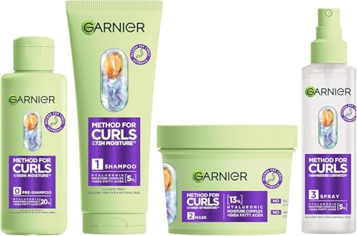 Garnier Method For Curls Pre-Shampoo, Shampoo, Mask & spray set. Up to 7 days of moisture & curl definition. Designed, tested & approved on all curl types, incl. type 4 curls & coils. Silicone free.