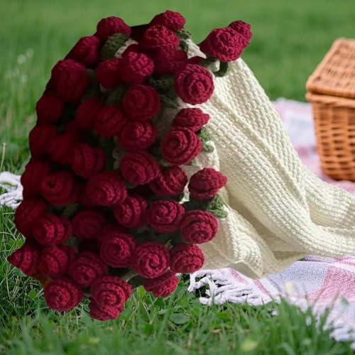 DLZFUDTY Crochet Flowers Rose Bouquet Blanket Handmade, Soft and Lightweight Romantic Rose Flower Bouquet Knitted Throw Blankets, Gift for Mother's Day, Valentine’s Day（Material package） (red)