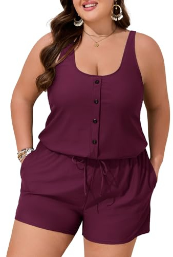 Summer Mae Plus Size Swim Romper One Piece Swimsuit Women Blouson Bathing Suit with Pockets 2026 Modest Swimwear, Purplish Red, 16 Plus