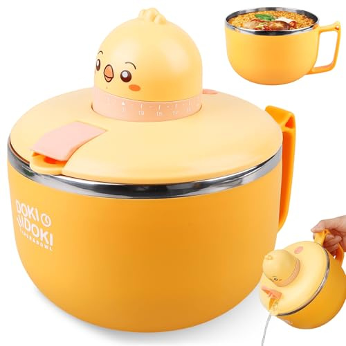 GOMETY Ramenskål med lock, 1 200 ml stor kapacitet snabbnudelskål med timer tillverkad av 304 rostfritt stål pastaskålar snabbnudelskål för nudlar, bento-sopplunch (kyckling)