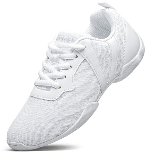 FUQIAO Girls Cheer Shoes White Cheerleading Breathable Sneakers Kids Cheerleader Athletic Training Tennis Walking Shoes, White 9.5 Toddler